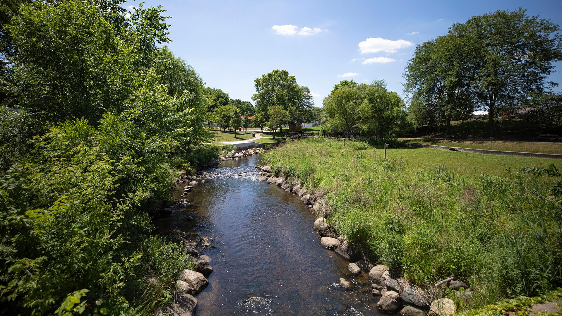 bridge crossing a stream in a park